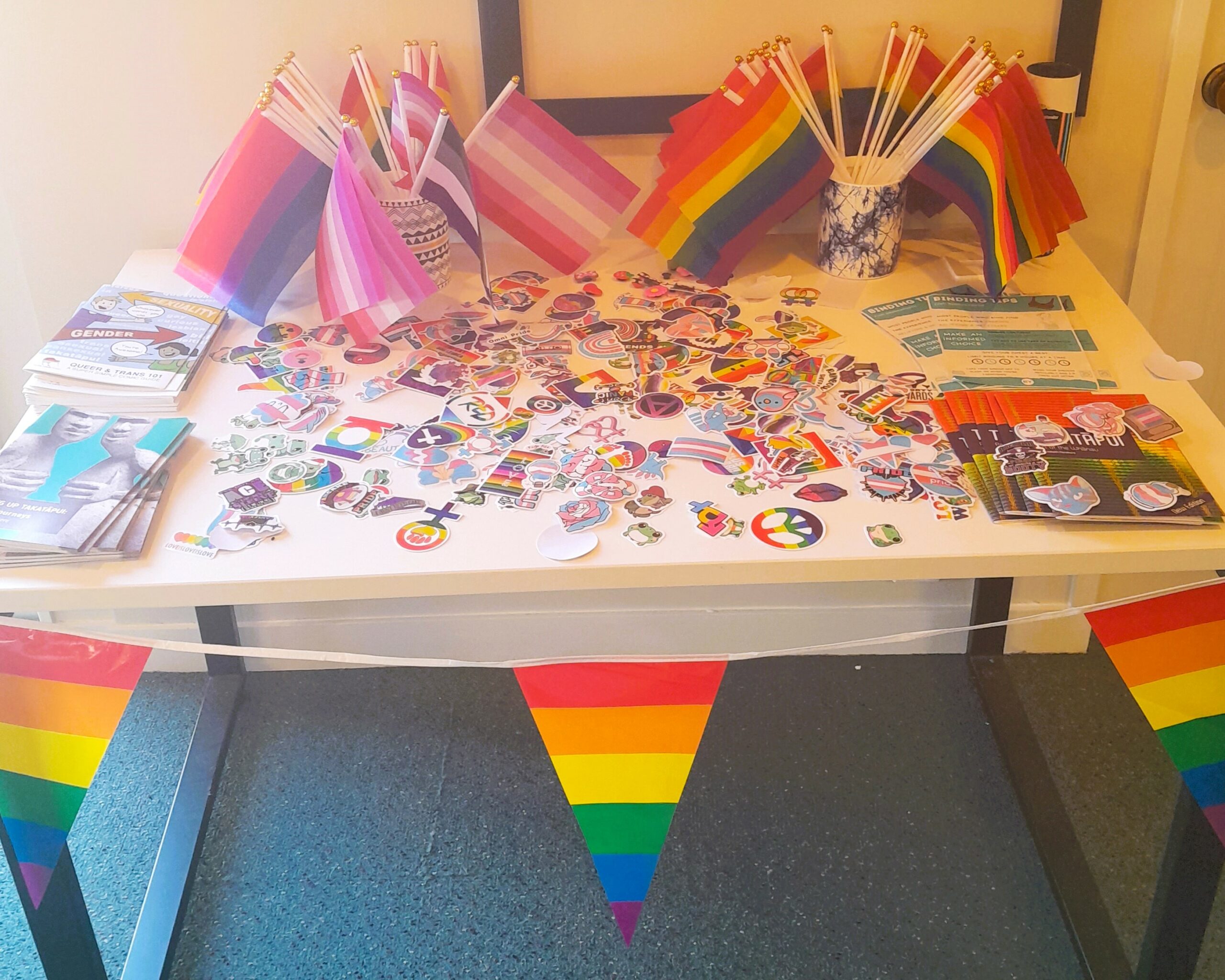 A table with rainbow flags, pamphlets and stickers at the Gay Day event